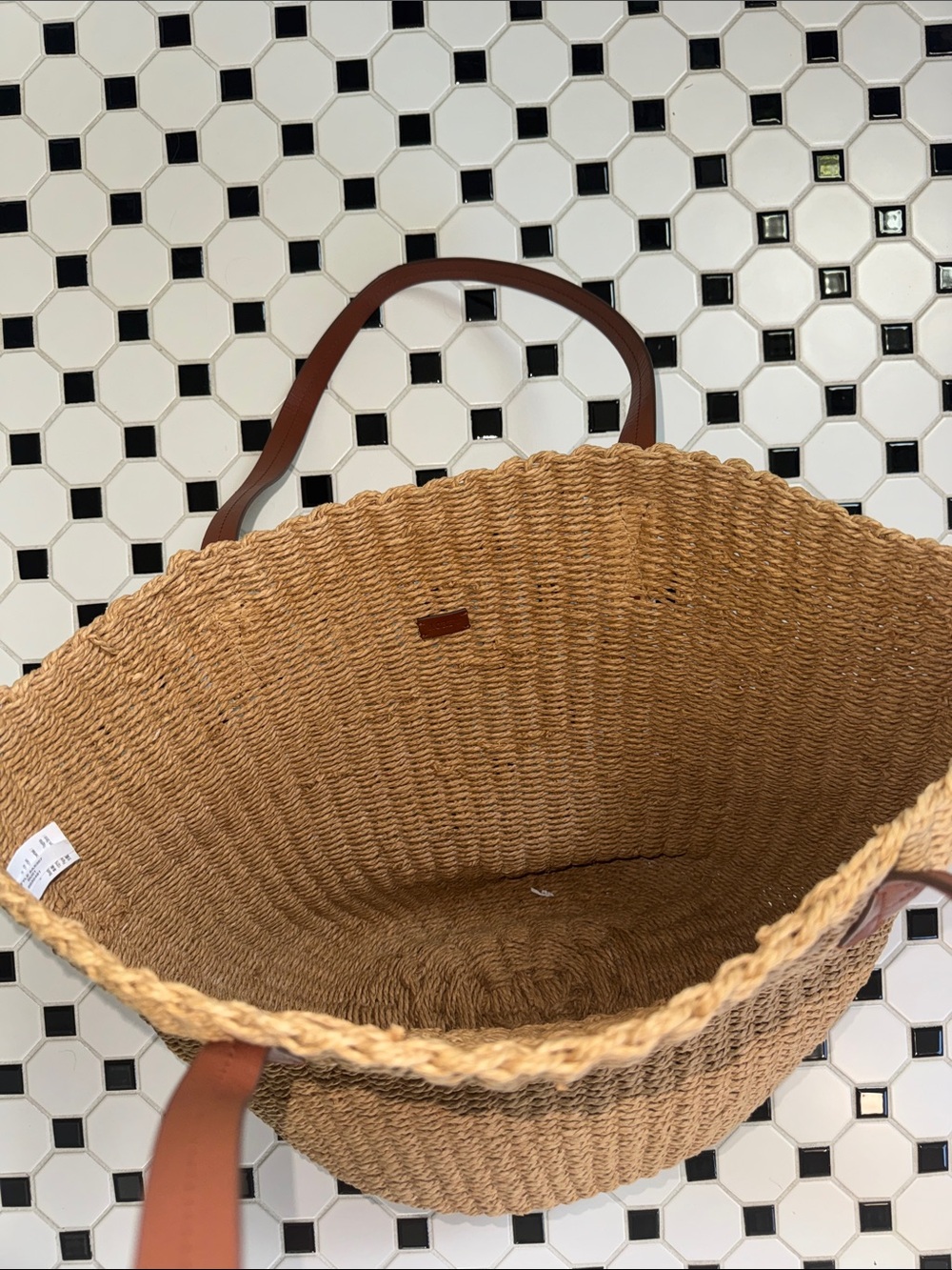 EUC JCrew Woven Straw Market Tote Bag with Brown Leather Handles - Picture 3 of 5